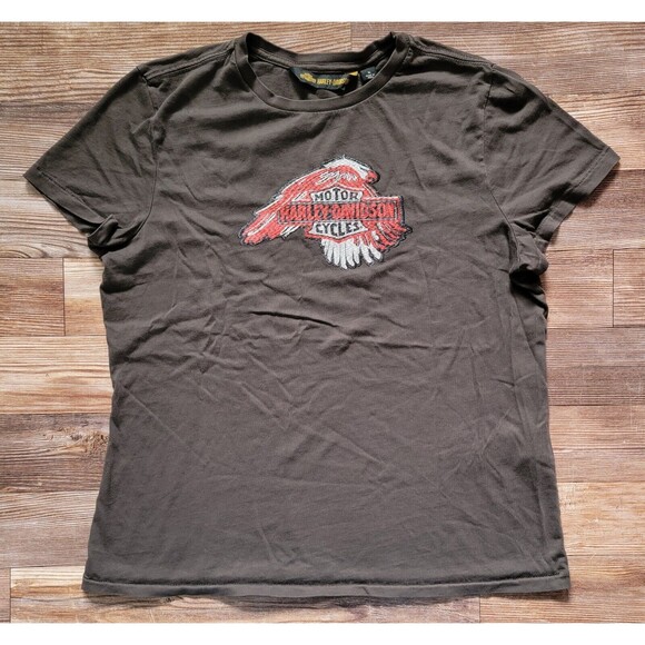 Harley Davidson Women's Sublimated Embroidery Eagle Cap Sleeve Shirt Y2K Size XL - Picture 1 of 10